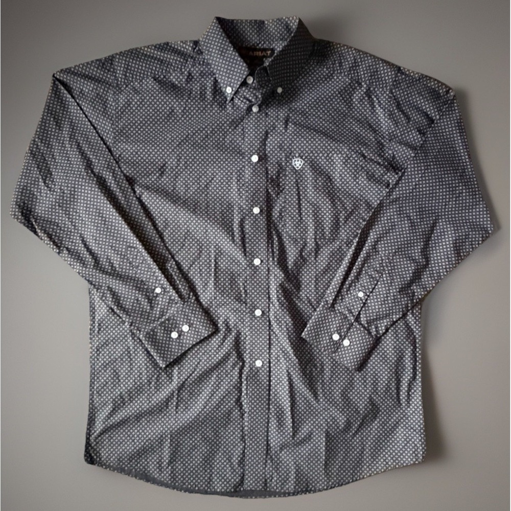 Ariat Long Sleeve Button Up Shirt Gray Geometric AOP Embroidered Logo Large JBHS